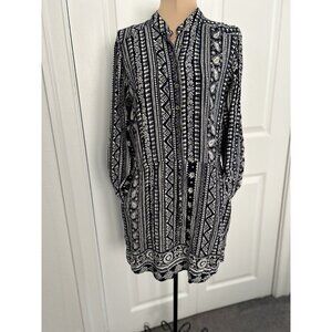 Angie Aztec Print Mini Dress Navy White Button Front Roll Tab Sleeve Size M